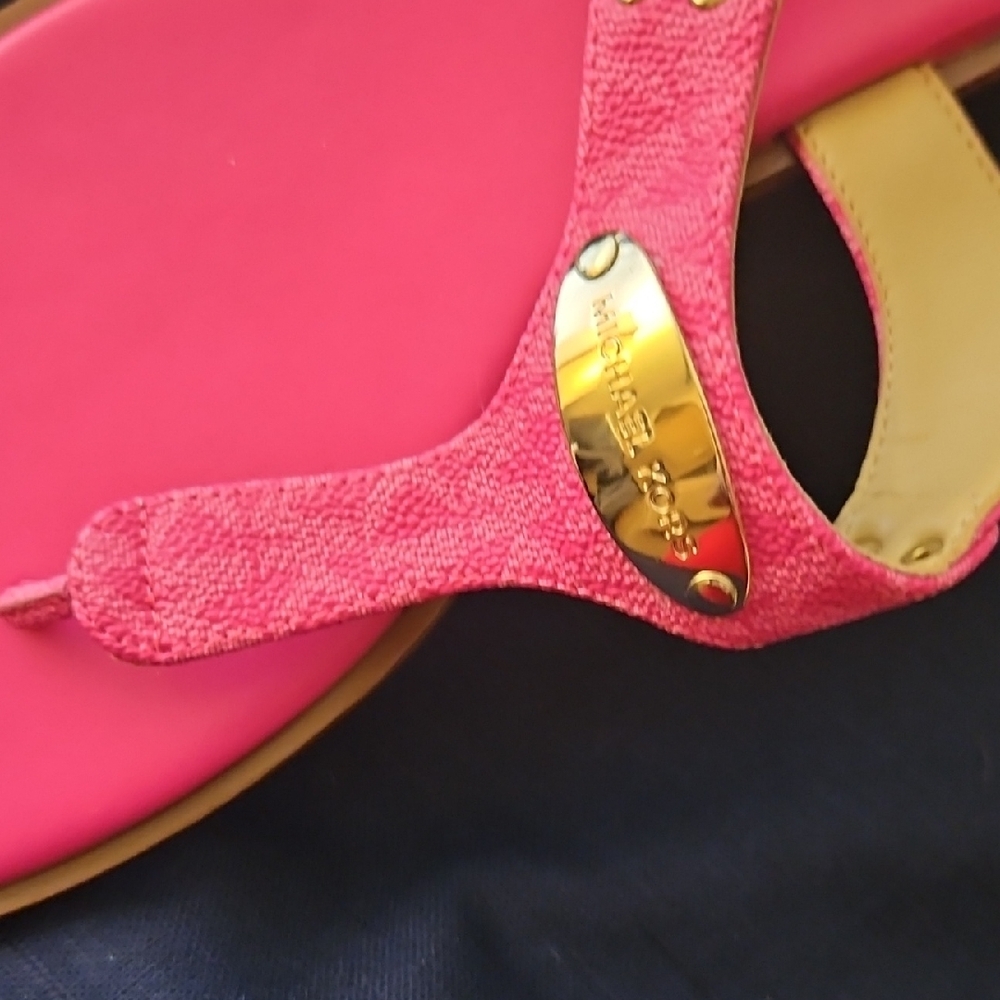 Michael Kors Coral Pink T-Strap Sandals with Gold Accents - Picture 6 of 7